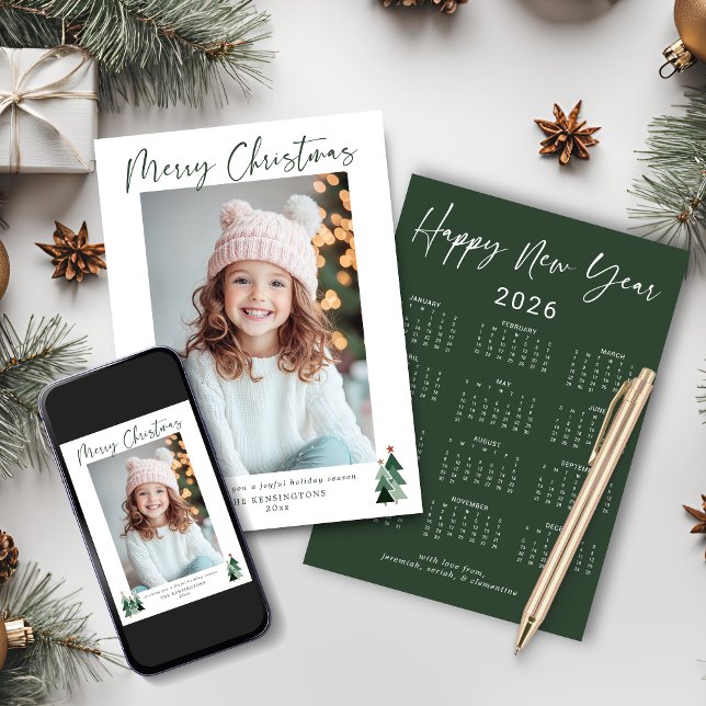 2026 Cute Dark Green Christmas Tree Photo Calendar Holiday Card (2026 Cute Dark Green Christmas Tree Photo Calendar Holiday Card with Instant Download Option)