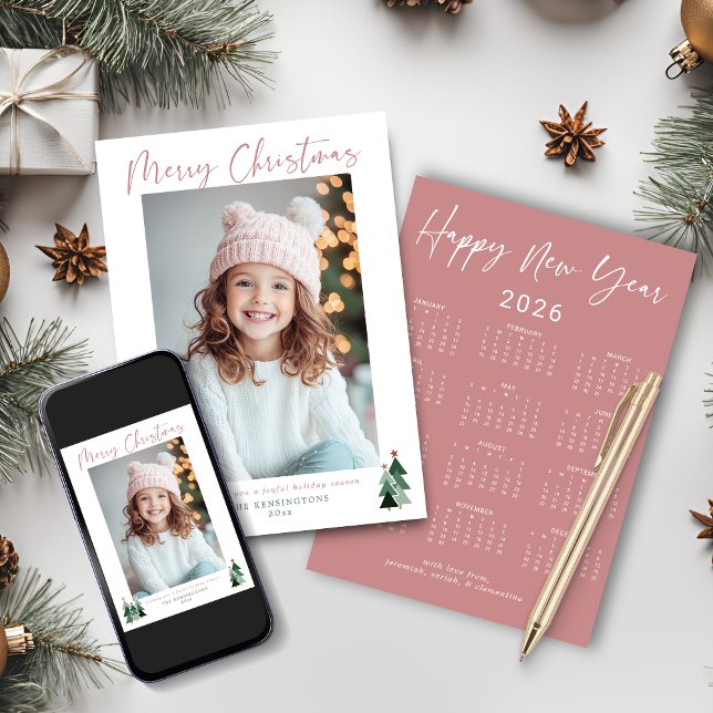 2026 Cute Pink Green Christmas Tree Photo Calendar Holiday Card (2026 Cute Pink Green Christmas Tree Photo Calendar Holiday Cards)