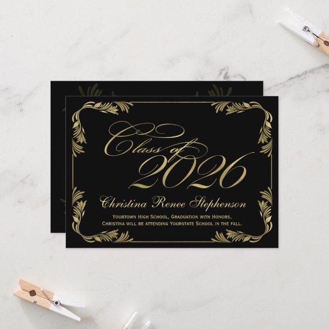 2026 Elegant Black/Gold Classy Formal Graduation Invitation (Front/Back In Situ)