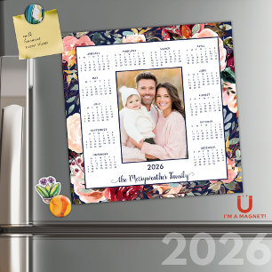 2026 Elegant Blue Floral Photo Magnetic Calendar