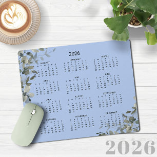 2026 Elegant French Blue Eucalyptus Desk Calendar Mouse Mat