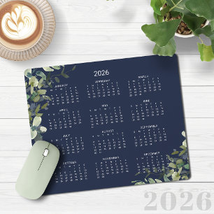 2026 Elegant Navy Blue Eucalyptus Desk Calendar Mouse Mat