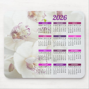 2026 Elegant White and Purple Orchids Calendar Mouse Mat