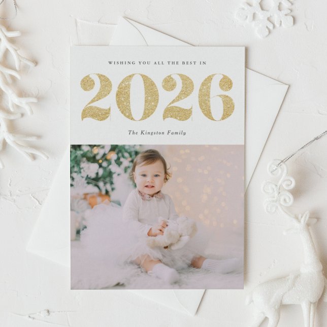 2026 Faux Gold Glitter Happy New Year Photo Holiday Postcard (Customizable photo New Year postcard featuring 2026 in faux gold glitter.)