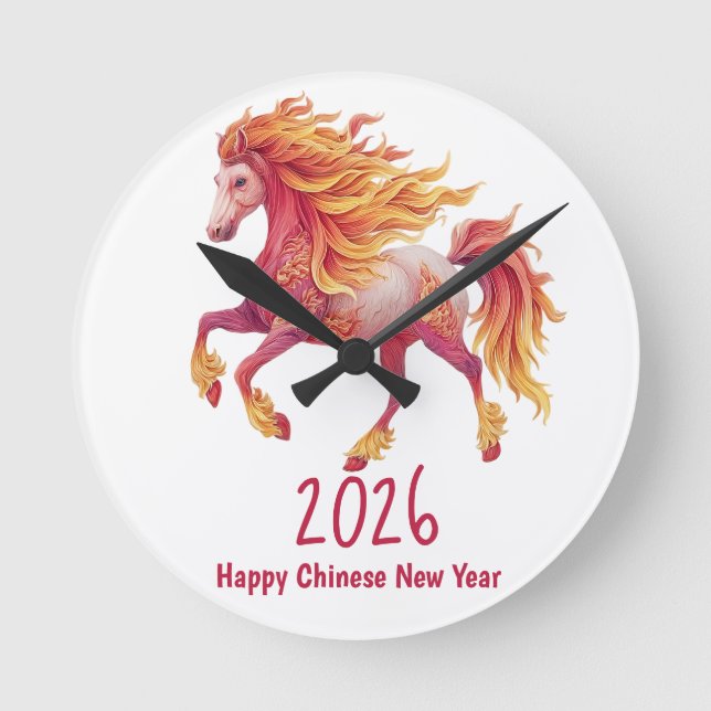 2026 Fiery Horse – Happy Chinese New Year Round Clock (Front)