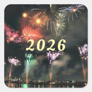 2026, fireworks celebration, square sticker