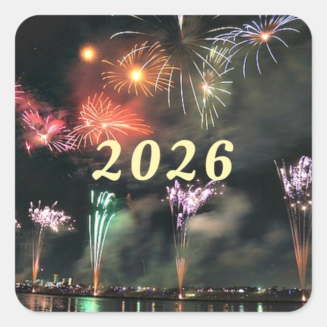 2026, fireworks celebration,  square sticker (Front)