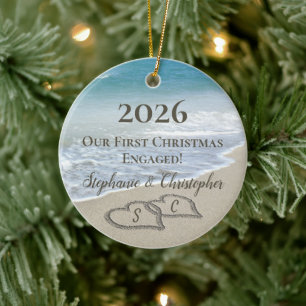 2026 First Christmas Engaged Beach Hearts Initials Ceramic Tree Decoration