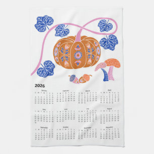 2026 Folk Art Cottagecore Pumpkin Patch Calendar Tea Towel