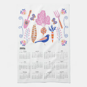 2026 Folk Art Cottagecore Vegetable Plot Calendar Tea Towel