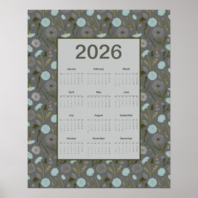 2026 Full Year Calendar Gray Blue Dandelion Poster (Front)