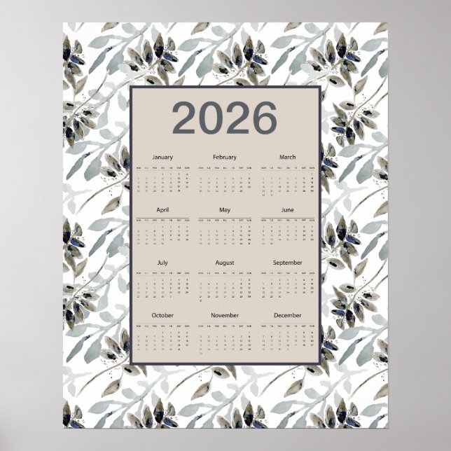 2026 Full Year Calendar Leaves Botanical Poster (Front)