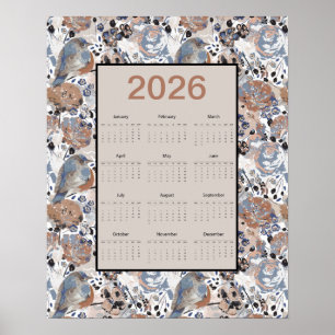 2026 Full Year Floral Bluebird Calendar Poster