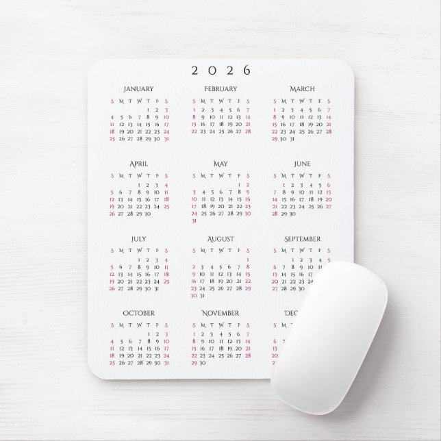 2026 Full Year Yearly Calendar Elegant Home Office Mouse Mat (With Mouse)