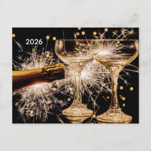 2026 Gold/Black Champagne Glasses Holiday Postcard