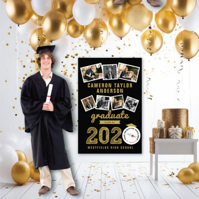 2026 Gold Sketch Grad 7 Photo Collage Graduation Poster (20YY Black And Gold Sketch 7 Photo Modern Graduation Party Poster @ www.zazzle.com/color_therapy)