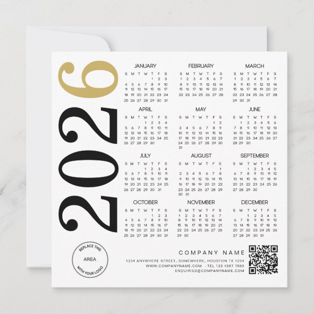 2026 Gold White Calendar Logo QR Code Business Holiday Card (Front)