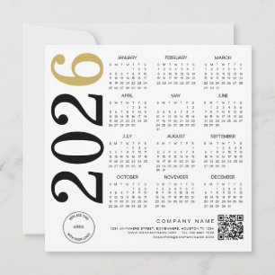 2026 Gold White Calendar Logo QR Code Business Holiday Card