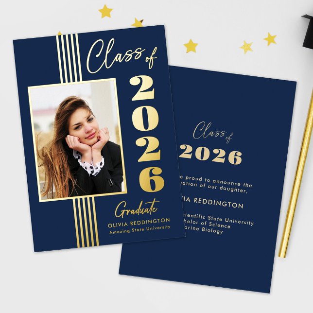 2026 Grad Announcement Photo Frame Navy Gold Foil (Creator Uploaded)