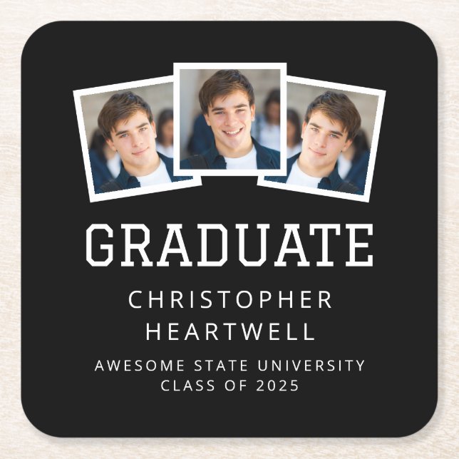 2026 Graduate 3-Photo Black and White Square Paper Coaster (Front)