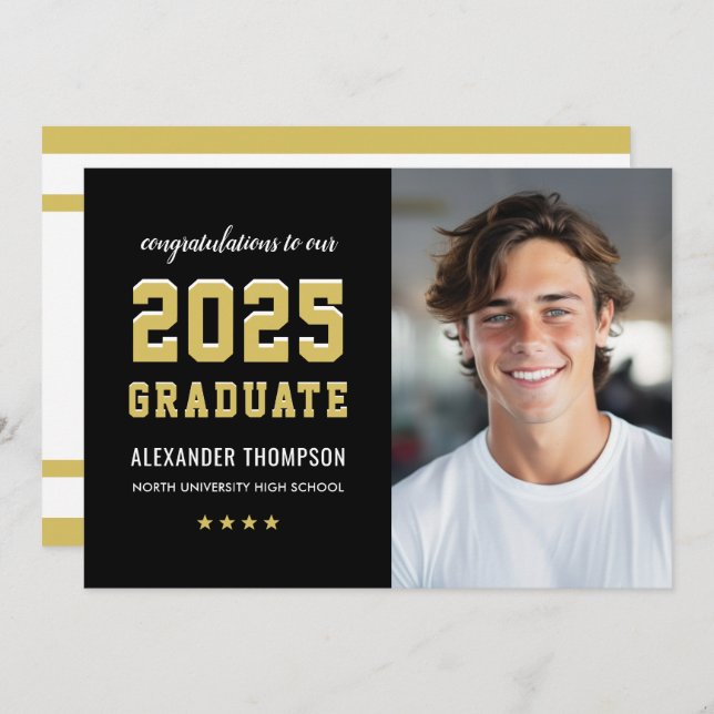 2026 Graduate Black Gold Graduation Party Photo Invitation (Front/Back)