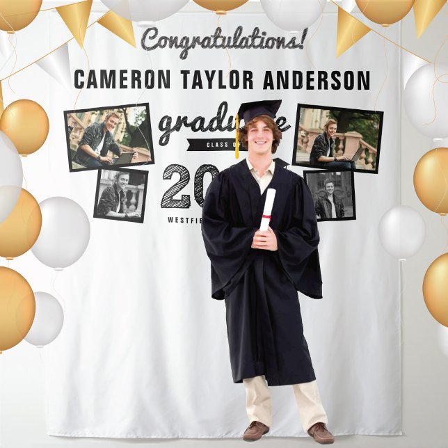 2026 Graduate Sketch Graduation 4 Photo Backdrop Tapestry (20YY Black Sketch Graduation Party 4 Photo Backdrop by fat*fa*tin @ www.zazzle.com/color_therapy)