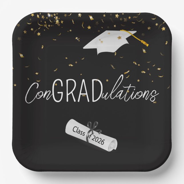 2026 Graduation Gold Confetti and Cap Paper Plate (Front)