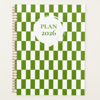 2026 Green and White Checkered Spiral Planner