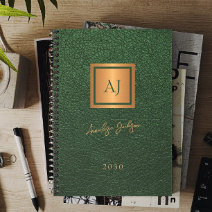 2026 Green gold monogrammed script name elegant Planner
