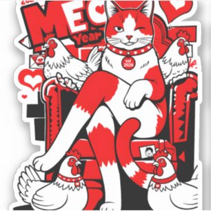 2026 Happy MEOW Year Red Cat & Chickens Fun