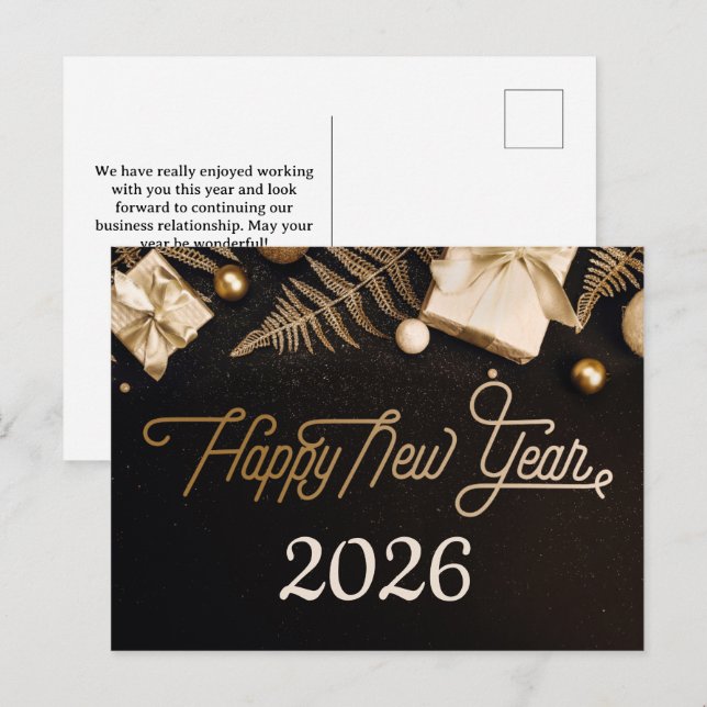 2026 Happy New Year  Black Custom Gold Business Holiday Postcard (Front/Back)