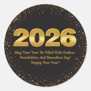 2026 happy new year, black gold glitters modern classic round sticker