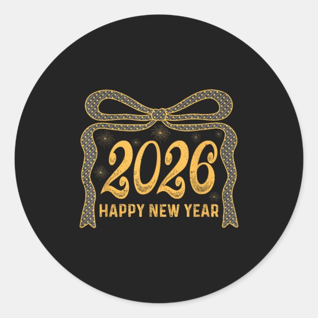2026 Happy New Year Bow Fireworks Celebration Desi Classic Round Sticker (Front)