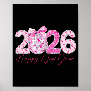 2026 Happy New Year Bow Patch Disco Ball Poster