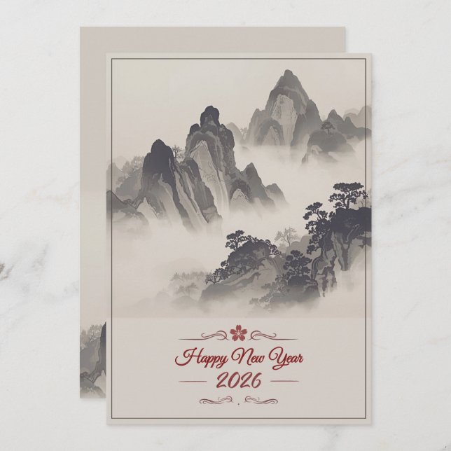 2026 Happy New Year Chinese Ink Mountain Holiday Card (Front/Back)