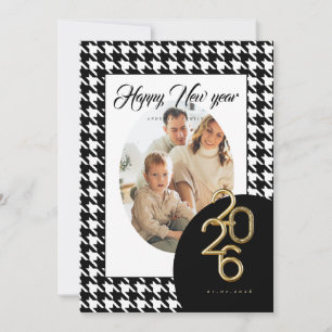 2026 Happy New Year Classic Houndstooth One Photo Holiday Card