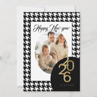 2026 Happy New Year Classic Houndstooth One Photo Holiday Card