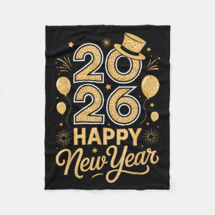 2026 Happy New Year Festive Top Hat Balloon Firewo Fleece Blanket