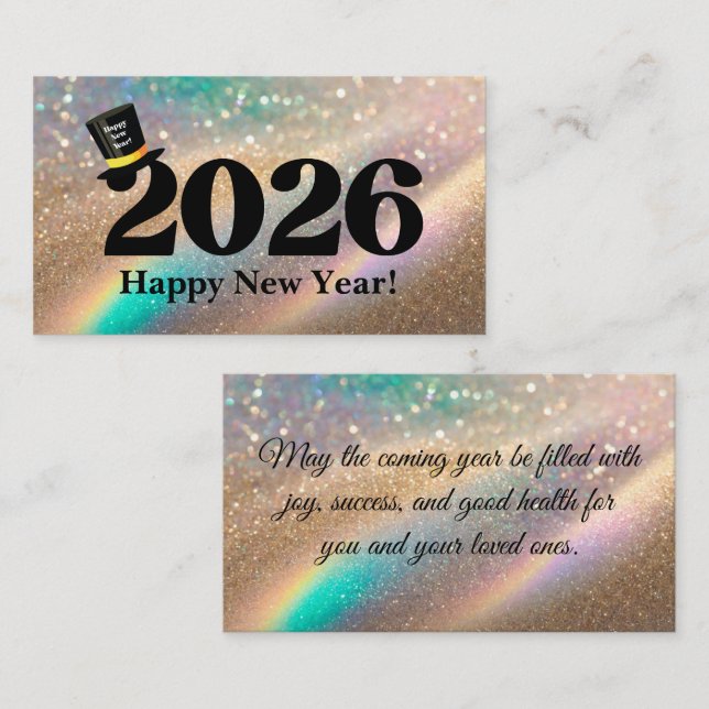 2026 happy new year, fun hat glitters modern card (Front/Back)