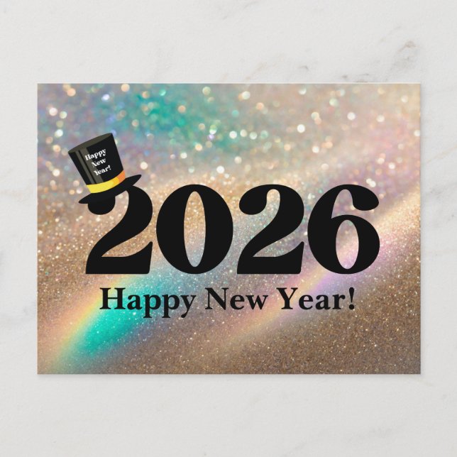 2026 happy new year, fun hat glitters modern chic holiday postcard (Front)