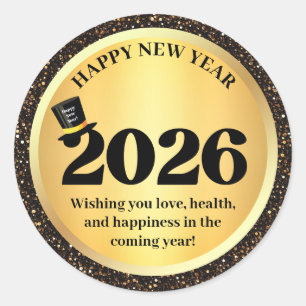 2026 happy new year, gold black sparkles  classic round sticker