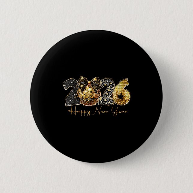 2026 Happy New Year Gold Disco Leopard Bow Coquett 6 Cm Round Badge (Front)