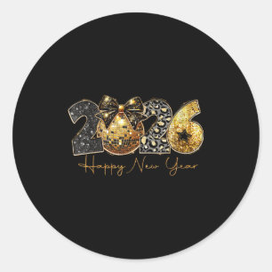 2026 Happy New Year Gold Disco Leopard Bow Coquett Classic Round Sticker