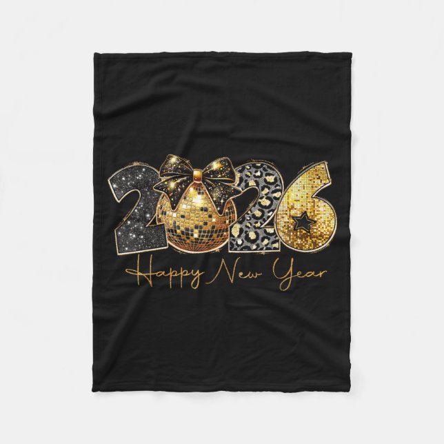 2026 Happy New Year Gold Disco Leopard Bow Coquett Fleece Blanket (Front)