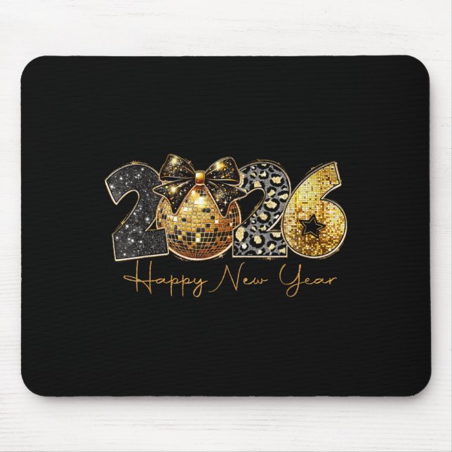 2026 Happy New Year Gold Disco Leopard Bow Coquett Mouse Mat (Front)