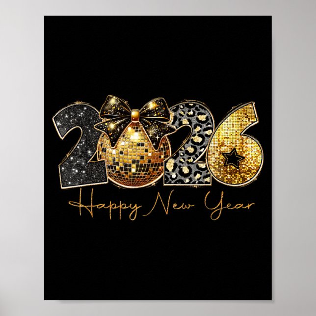 2026 Happy New Year Gold Disco Leopard Bow Coquett Poster (Front)