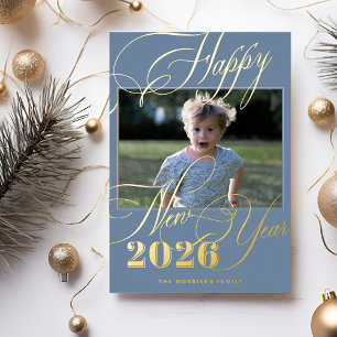 2026 Happy New Year gold script blue photo Foil Holiday Card