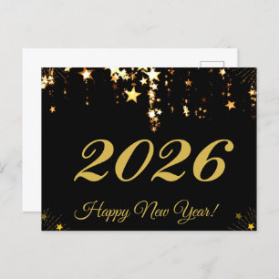 2026,Happy new year!gold stars & black background Postcard