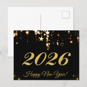 2026,Happy new year!gold stars & black background Postcard