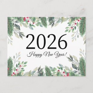 2026 Happy new year,holiday greenery red berries  Postcard